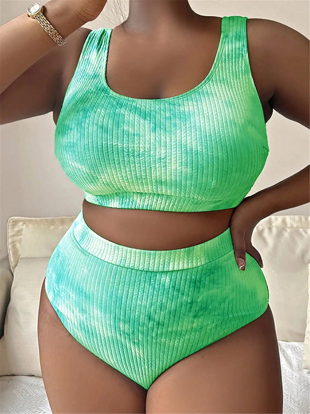 Plus Size Tie Dye Ribbed Tankini Set Casual Beach Swimwear