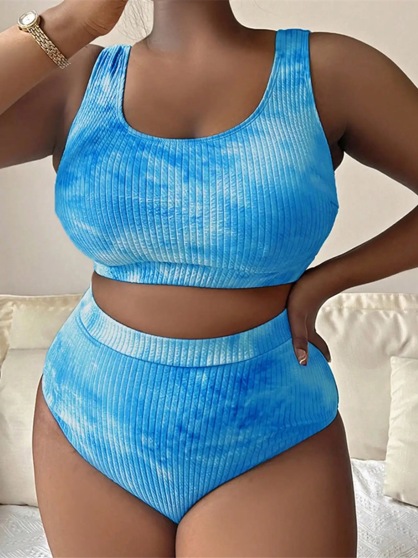 Plus Size Tie Dye Ribbed Tankini Set Casual Beach Swimwear
