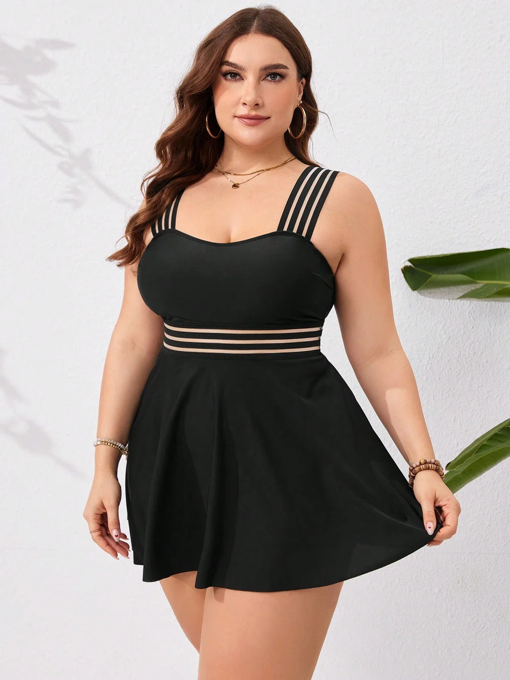 Black Plus Size Flirty Skirted Swimsuit Featuring Sheer Horizontal Stripes For Summer Beach Getaway