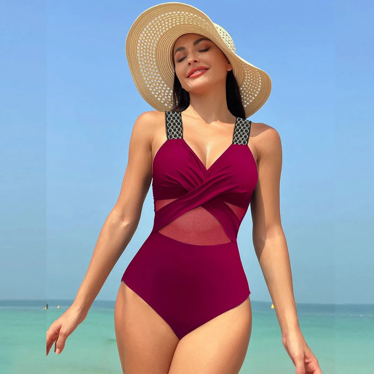 Black Halter Neck Bikini Cross Front Sheer Mesh Panel Bikinis High Waist Burgundy Strap Detail Swimsuit Olive Green V Neck