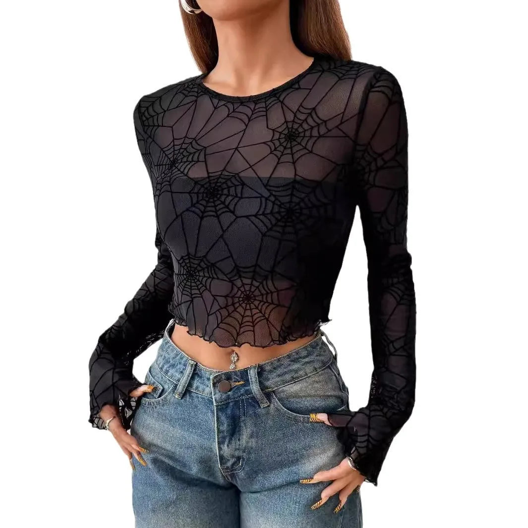 Top Women Sexy Blouses Bottoming Spider Web Sheer Round Collar Flare Sleeve Undershirts Thin Tops Summer Female Streetwear 2025