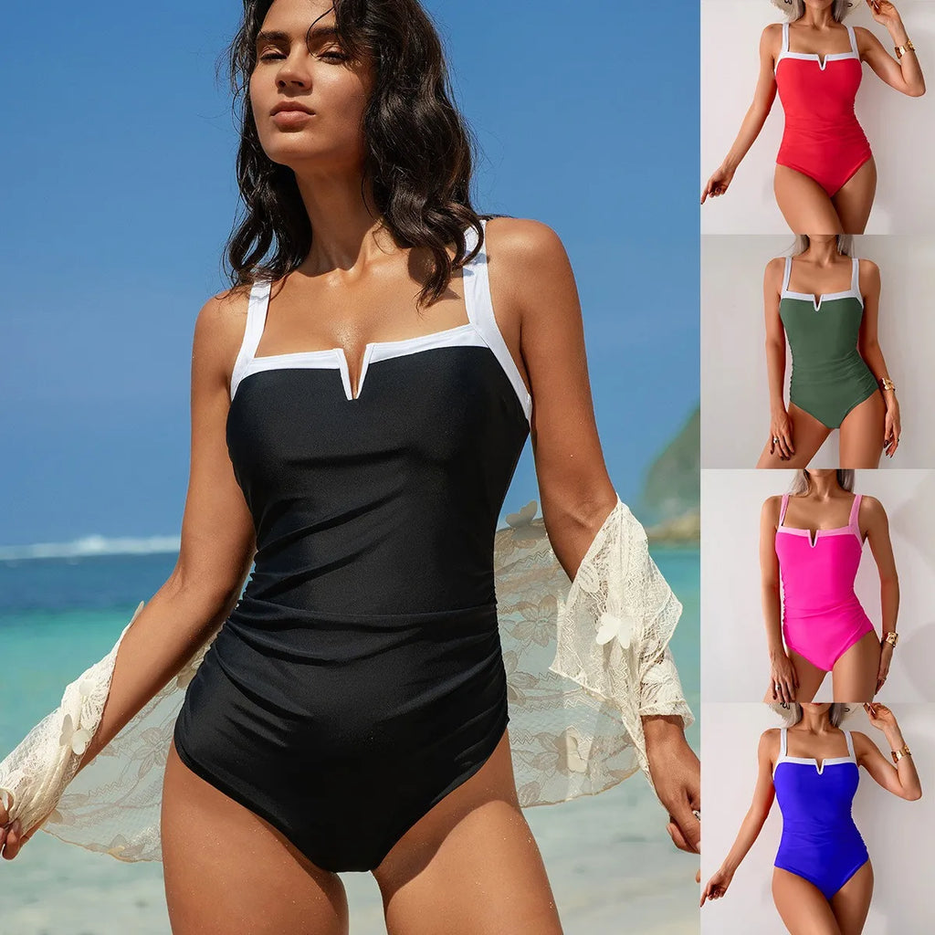 Black Swimsuit V Neck Red Bikini Ruched Waist Green Monokini High Cut Legs Blue Swimsuit Sleeveless Solid Color Contrast Trim