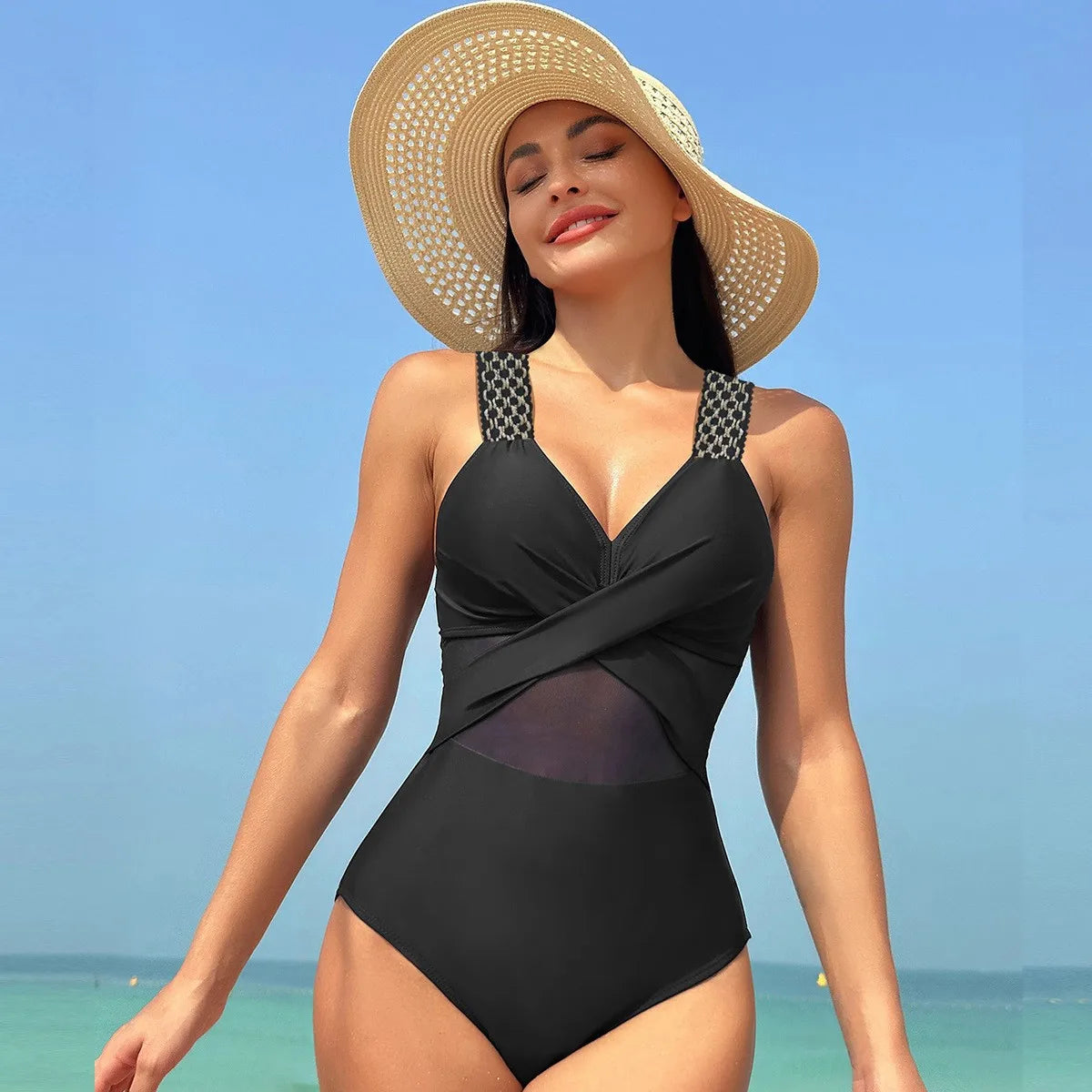 Black Halter Neck Bikini Cross Front Sheer Mesh Panel Bikinis High Waist Burgundy Strap Detail Swimsuit Olive Green V Neck