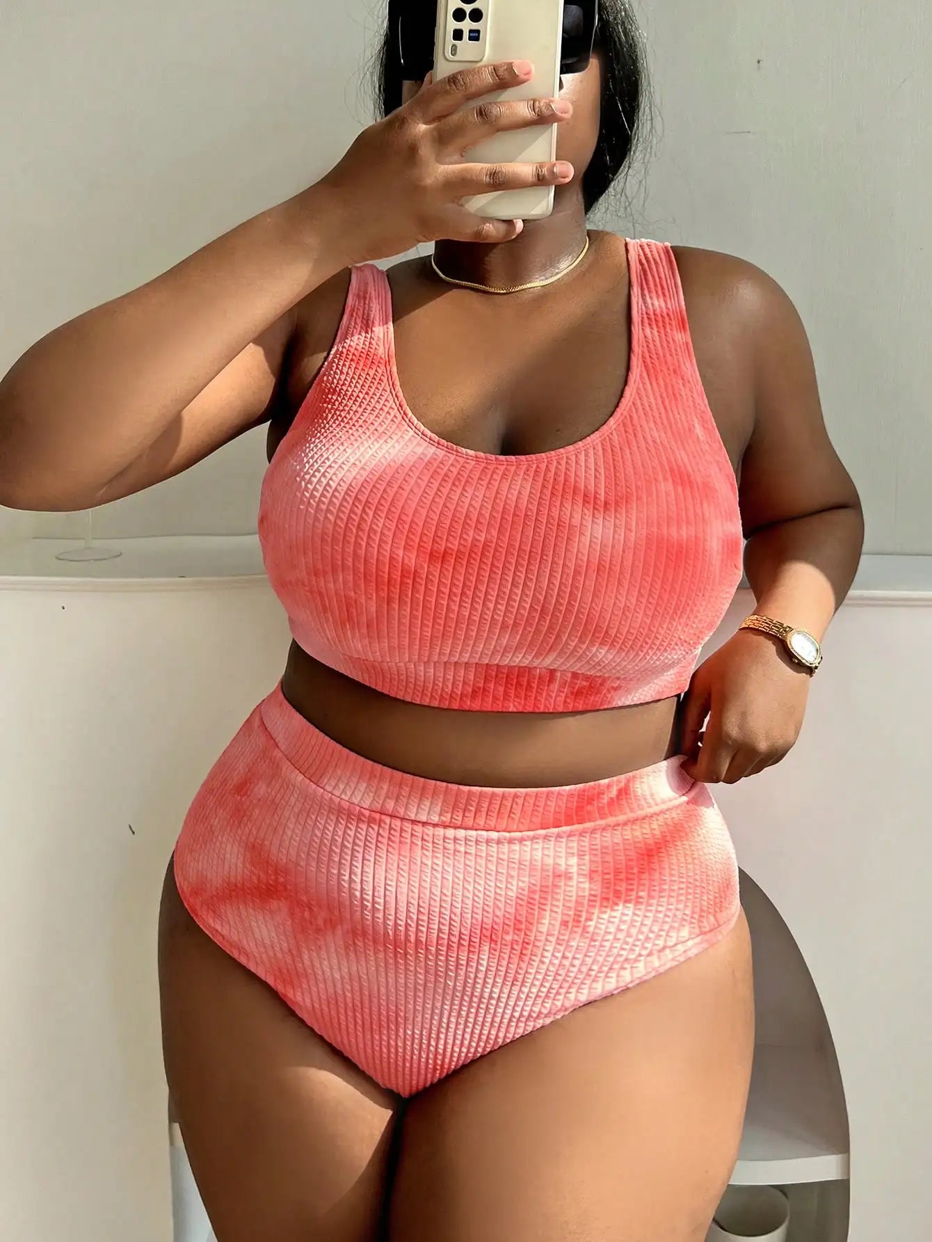 Plus Size Tie Dye Ribbed Tankini Set Casual Beach Swimwear