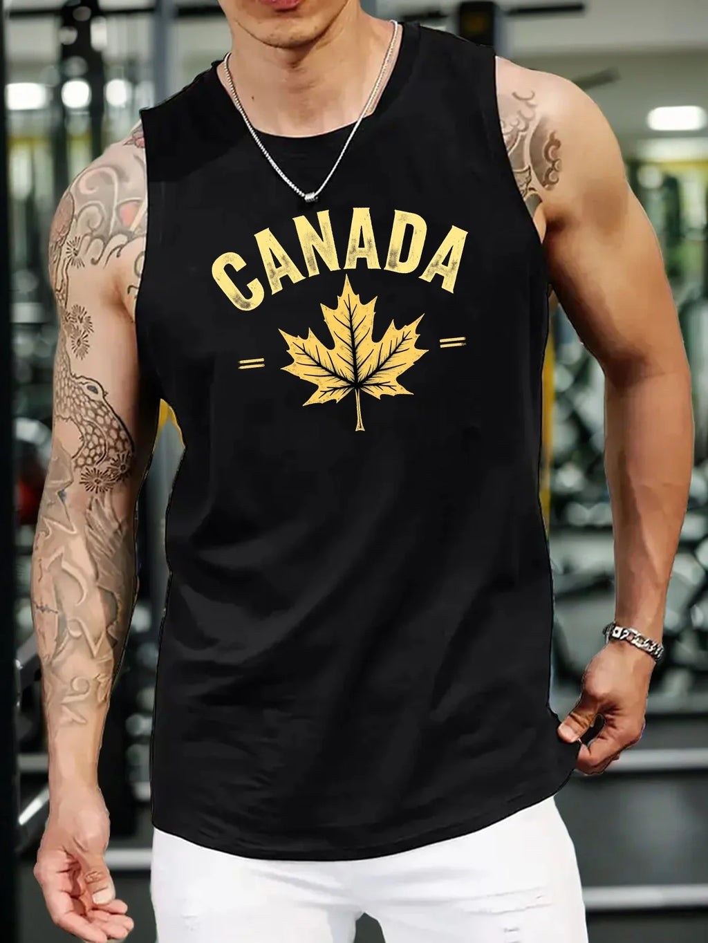 Large Maple Leaf Retro Style Men's Sleeveless V-Neck Shirt - Red casual summer shirt with golden maple leaf design