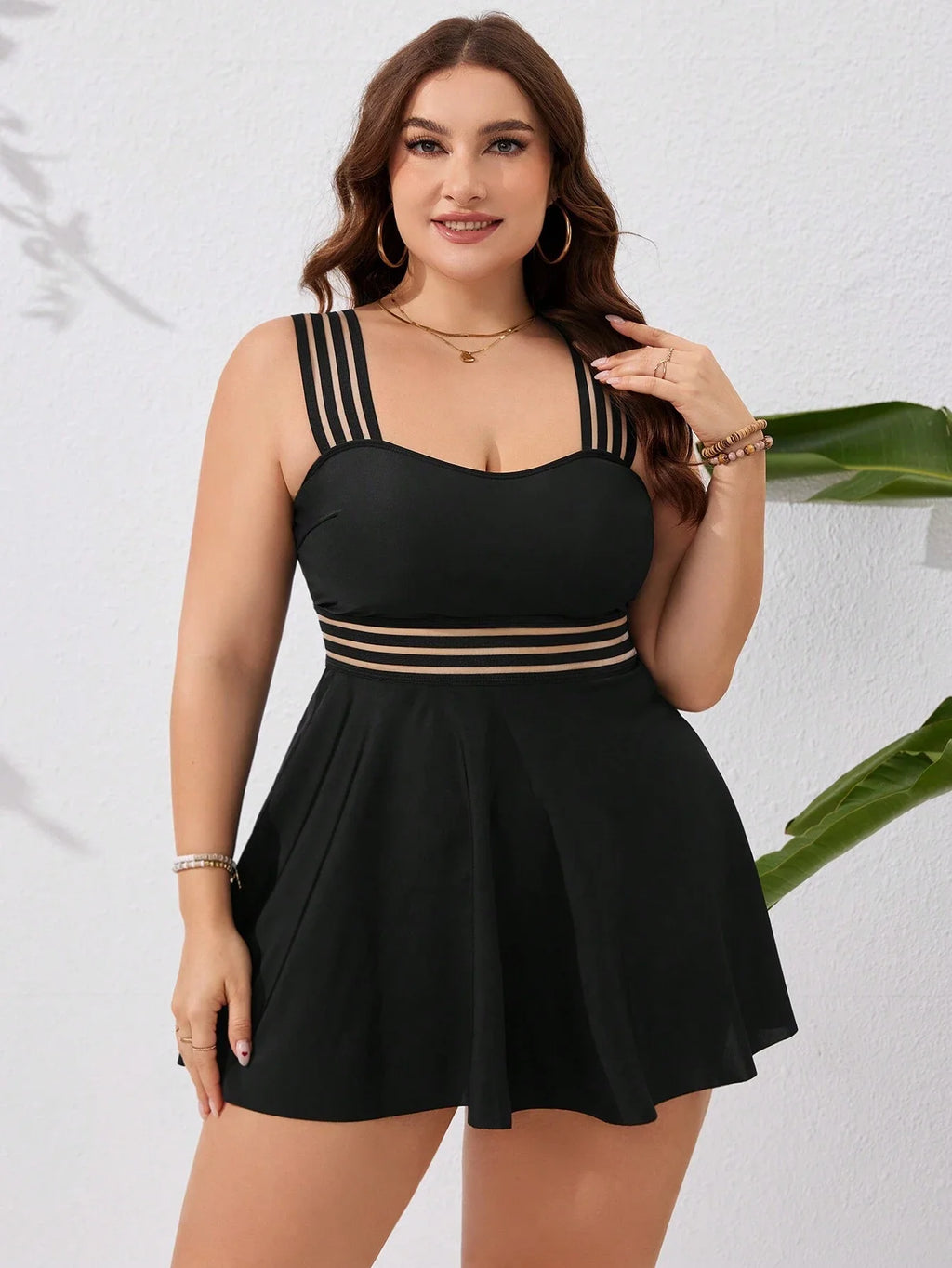 Black Plus Size Flirty Skirted Swimsuit Featuring Sheer Horizontal Stripes For Summer Beach Getaway