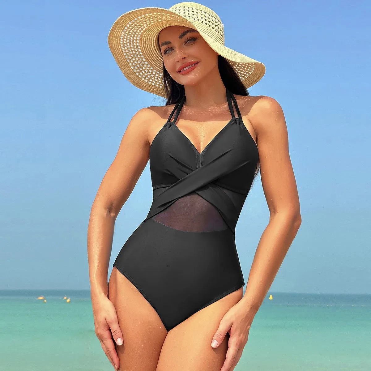 Black Halter Neck Bikini Cross Front Sheer Mesh Panel Bikinis High Waist Burgundy Strap Detail Swimsuit Olive Green V Neck