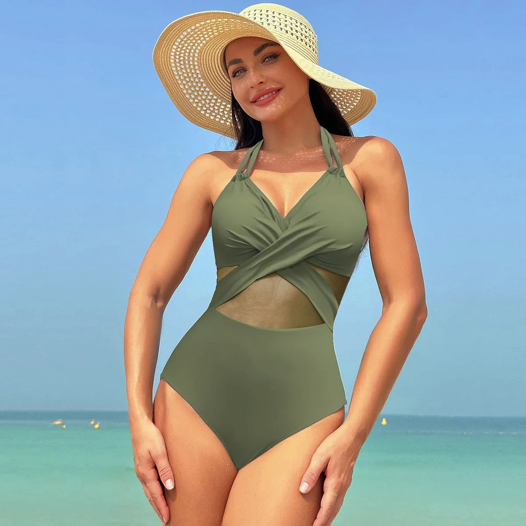 Black Halter Neck Bikini Cross Front Sheer Mesh Panel Bikinis High Waist Burgundy Strap Detail Swimsuit Olive Green V Neck