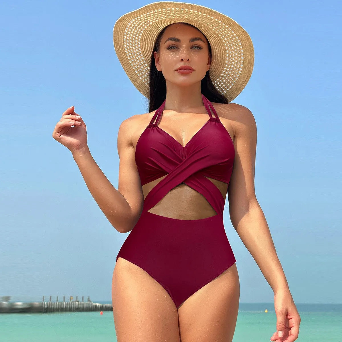 Black Halter Neck Bikini Cross Front Sheer Mesh Panel Bikinis High Waist Burgundy Strap Detail Swimsuit Olive Green V Neck