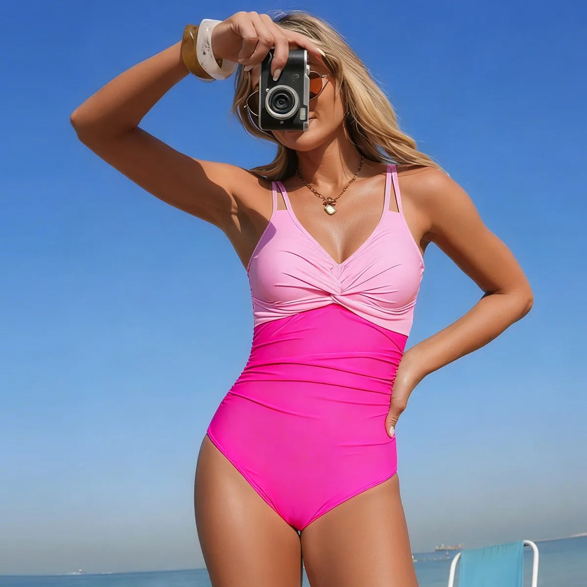 V Neck Twist Front One Piece Swimsuit Sleeveless Solid Color Thin Straps High Waist Ruched Waist Black Teal Pink Slim Fit
