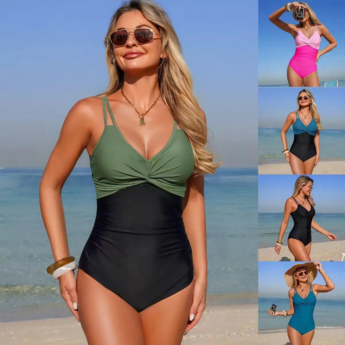 V Neck Twist Front One Piece Swimsuit Sleeveless Solid Color Thin Straps High Waist Ruched Waist Black Teal Pink Slim Fit