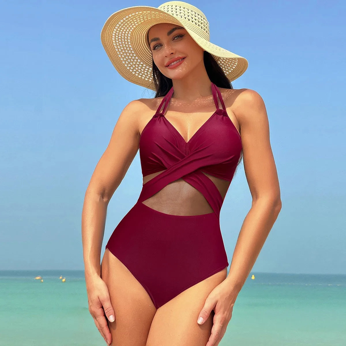 Black Halter Neck Bikini Cross Front Sheer Mesh Panel Bikinis High Waist Burgundy Strap Detail Swimsuit Olive Green V Neck