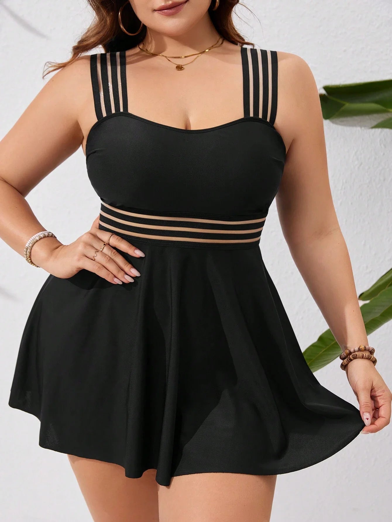 Black Plus Size Flirty Skirted Swimsuit Featuring Sheer Horizontal Stripes For Summer Beach Getaway