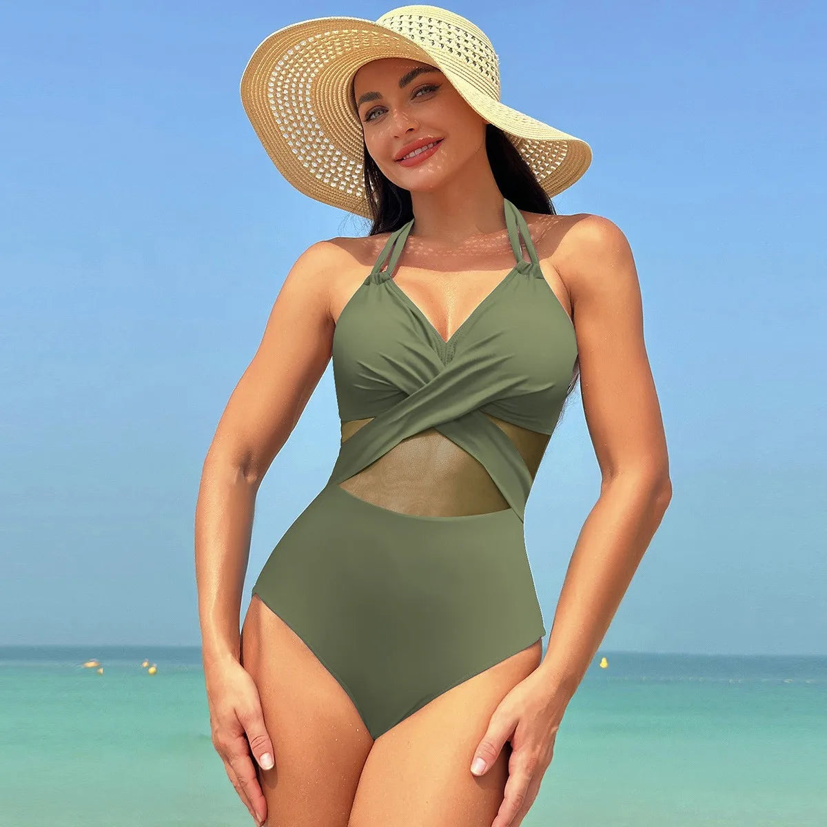 Black Halter Neck Bikini Cross Front Sheer Mesh Panel Bikinis High Waist Burgundy Strap Detail Swimsuit Olive Green V Neck