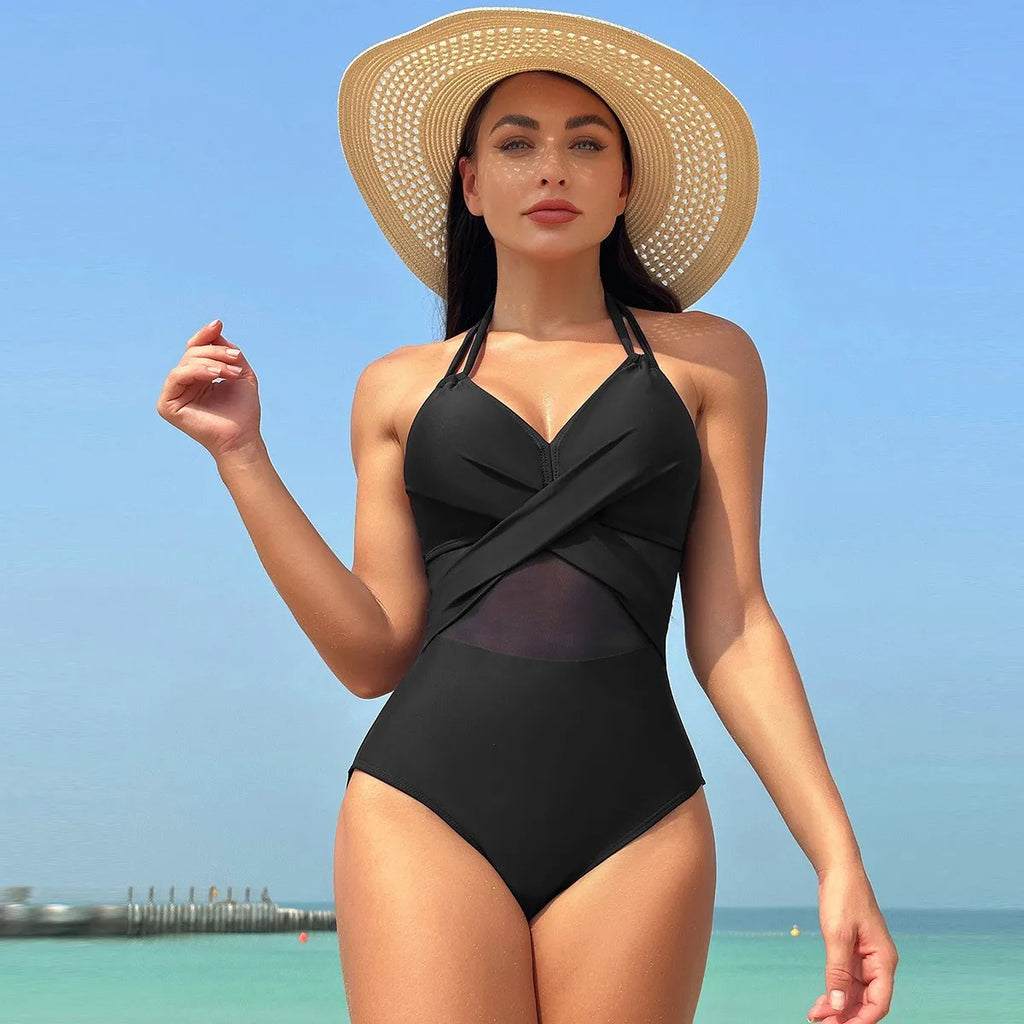 Black Halter Neck Bikini Cross Front Sheer Mesh Panel Bikinis High Waist Burgundy Strap Detail Swimsuit Olive Green V Neck