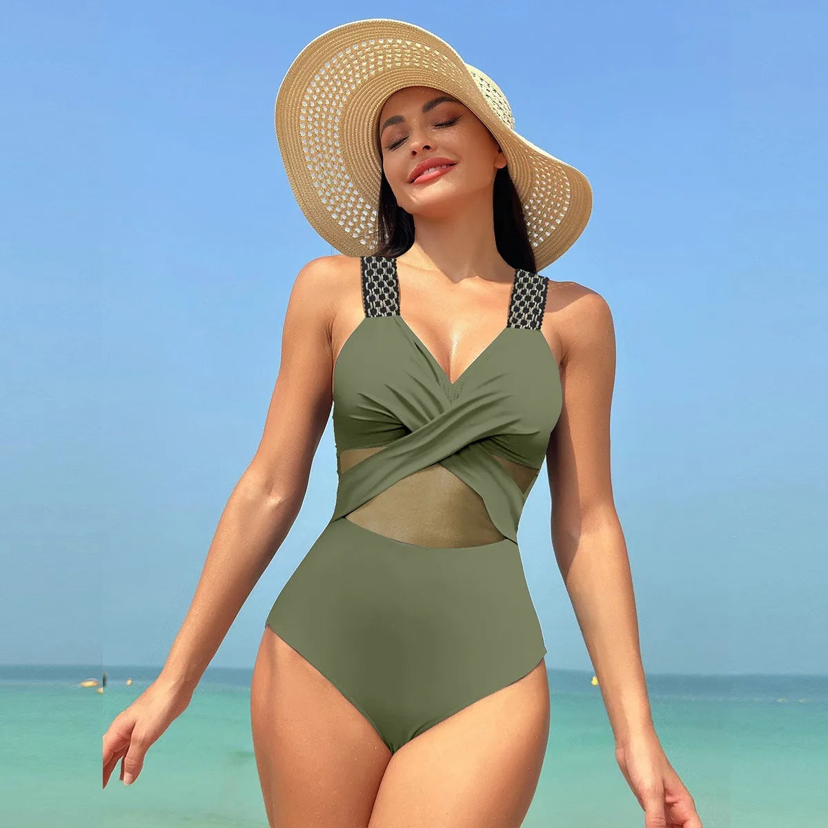 Black Halter Neck Bikini Cross Front Sheer Mesh Panel Bikinis High Waist Burgundy Strap Detail Swimsuit Olive Green V Neck