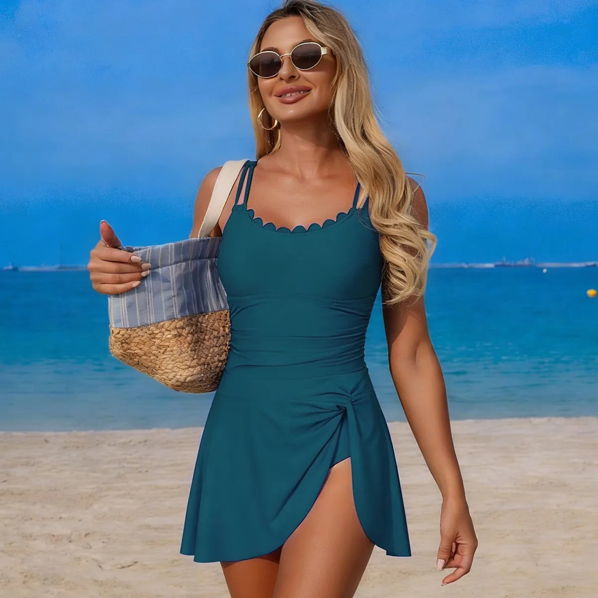 Olive Green Tankini Sleeveless Skirted Swimsuit Ruffle Trim Neckline Thin Straps Wrap Front Skirt Side Slit A Line Mini Length