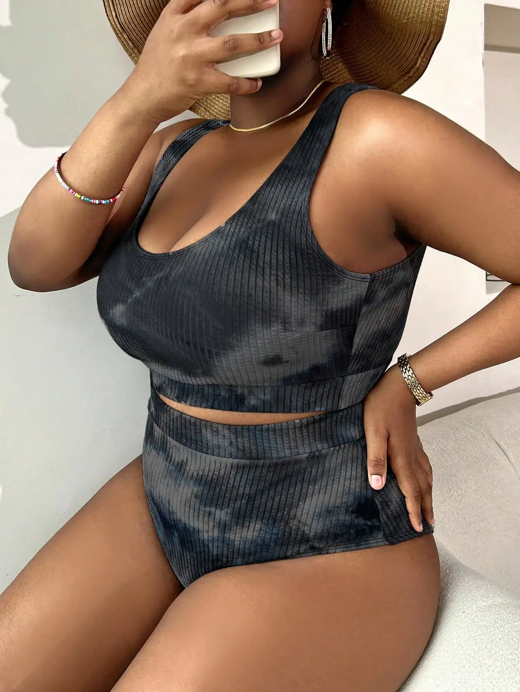 Plus Size Tie Dye Ribbed Tankini Set Casual Beach Swimwear