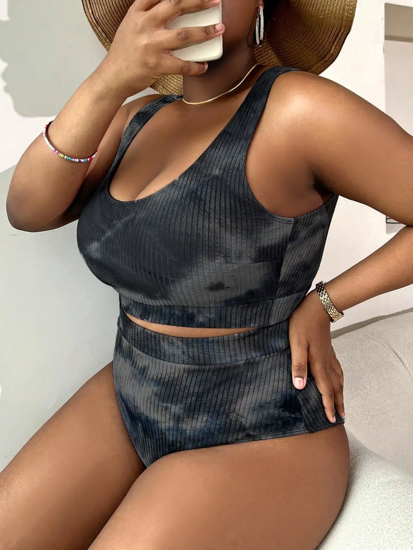 Plus Size Tie Dye Ribbed Tankini Set Casual Beach Swimwear