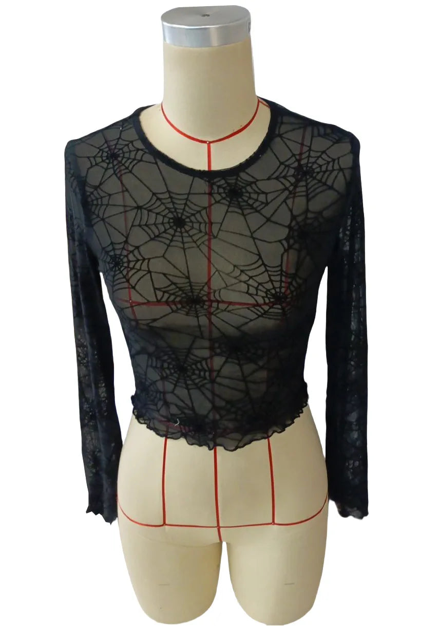 Top Women Sexy Blouses Bottoming Spider Web Sheer Round Collar Flare Sleeve Undershirts Thin Tops Summer Female Streetwear 2025