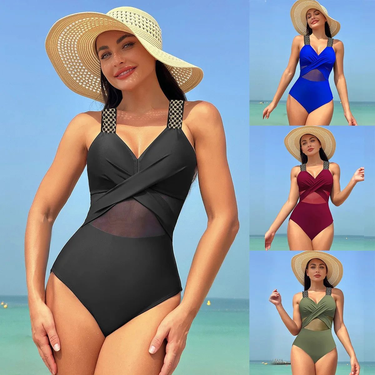 Black Halter Neck Bikini Cross Front Sheer Mesh Panel Bikinis High Waist Burgundy Strap Detail Swimsuit Olive Green V Neck