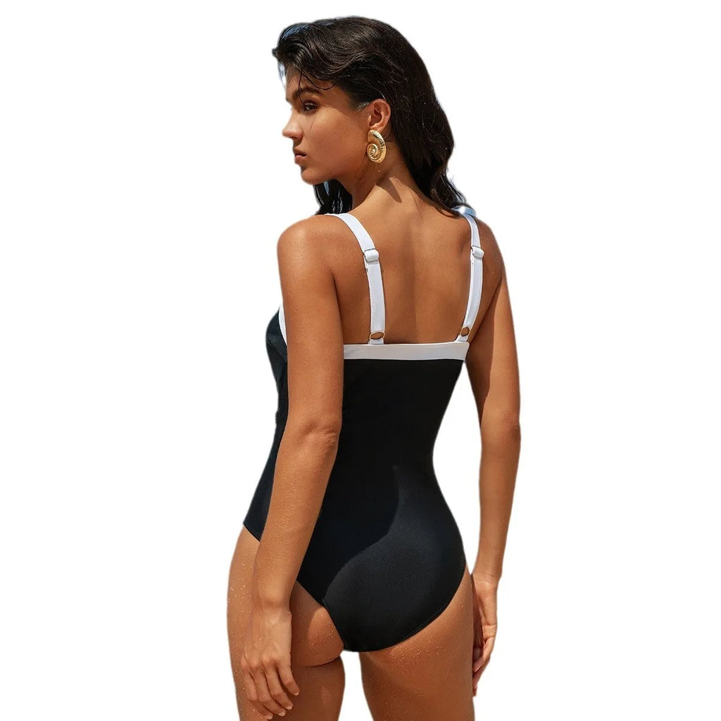 Black Swimsuit V Neck Red Bikini Ruched Waist Green Monokini High Cut Legs Blue Swimsuit Sleeveless Solid Color Contrast Trim